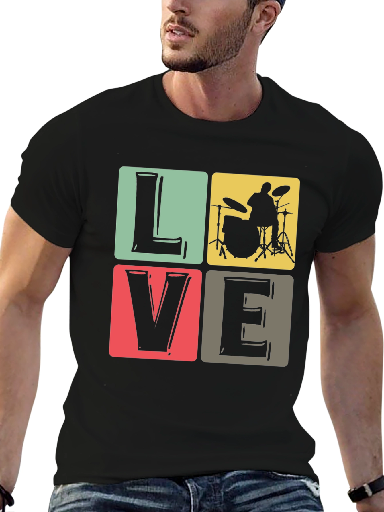 Love Music Drummer T-Shirt Black Crew Neck