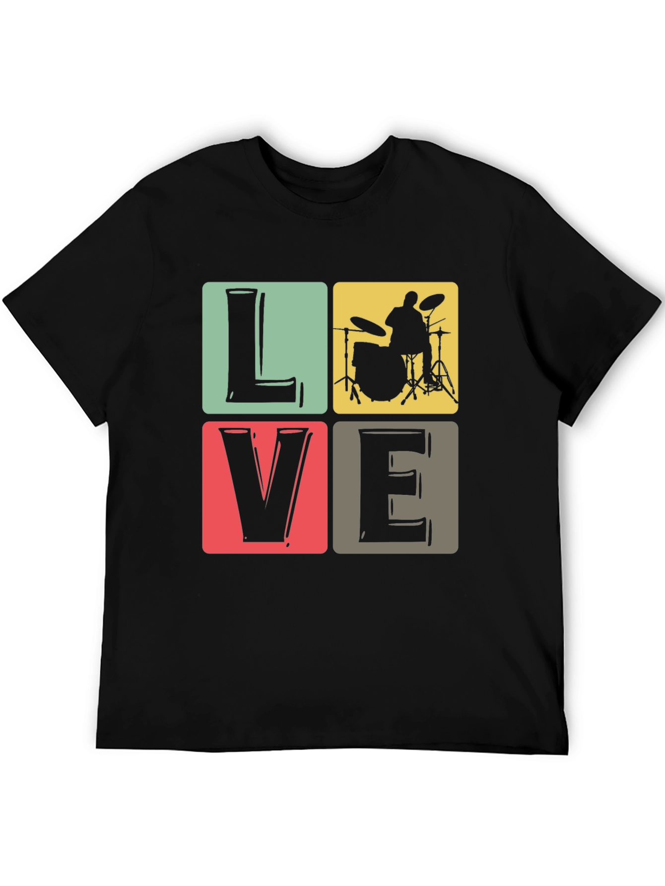 Love Music Drummer T-Shirt Black Crew Neck