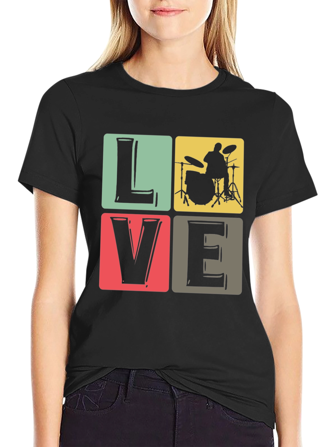 Love Music Drummer T-Shirt Black Crew Neck
