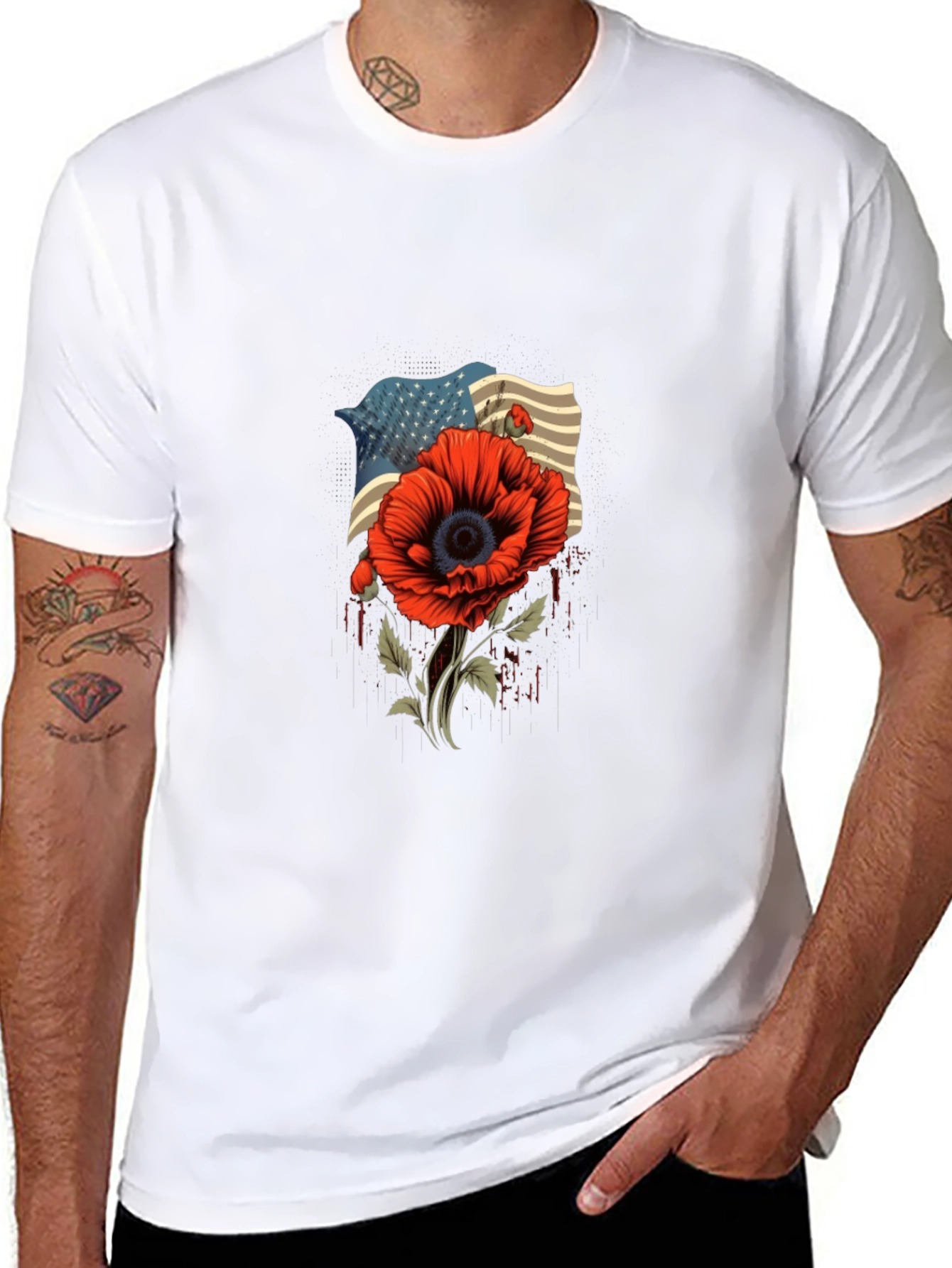 American Flag Poppy Graphic T-Shirt - Patriotic Style