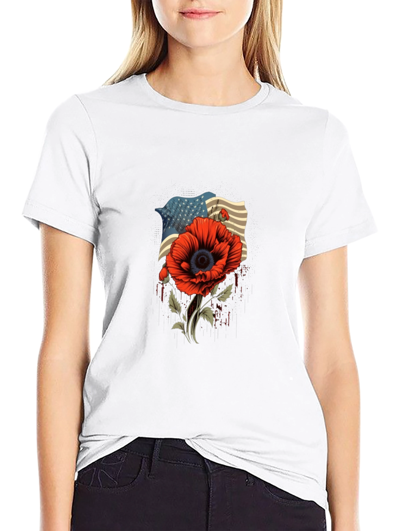 American Flag Poppy Graphic T-Shirt - Patriotic Style