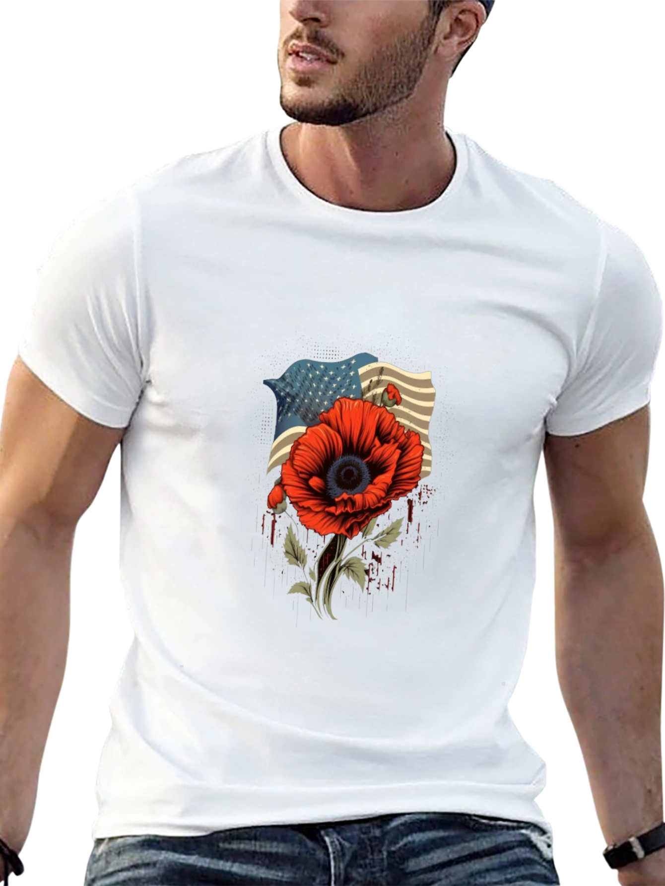 American Flag Poppy Graphic T-Shirt - Patriotic Style