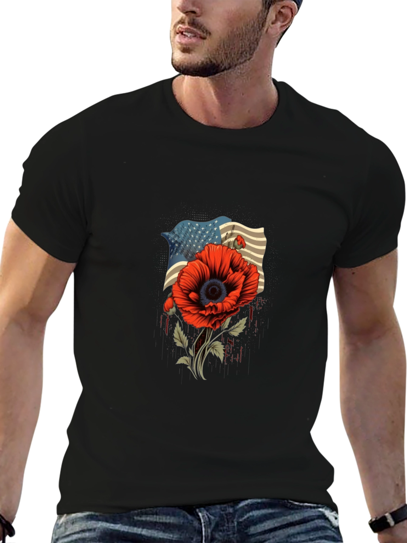 American Flag Poppy Graphic T-Shirt - Patriotic Style