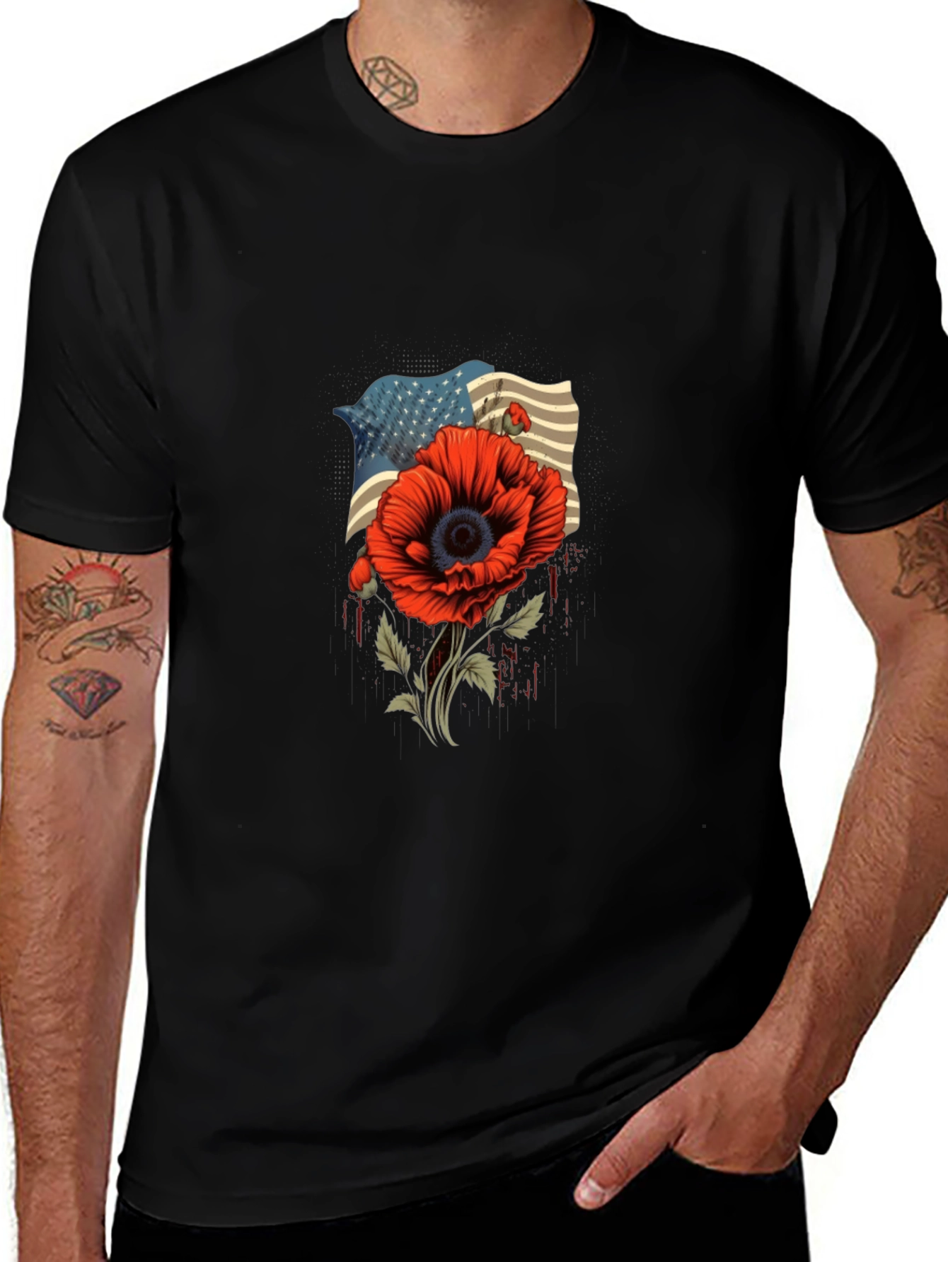 American Flag Poppy Graphic T-Shirt - Patriotic Style