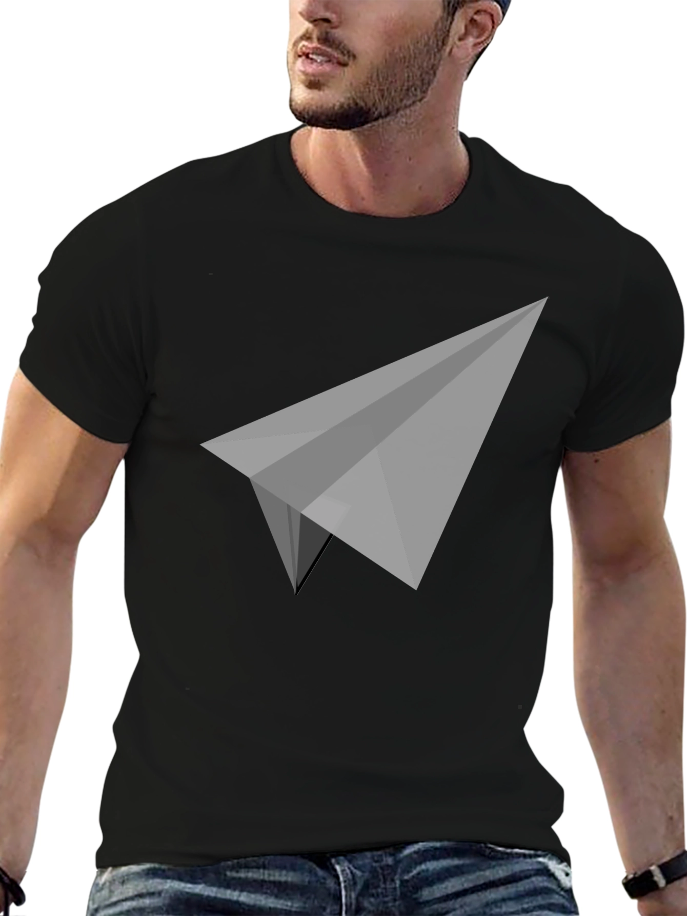 Geometric Paper Plane Graphic Tee - Sleek Black T-Shirt