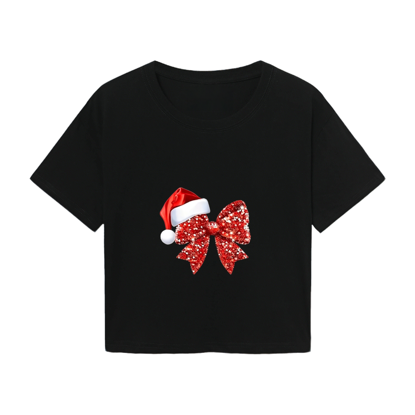 Sparkly Red Bow Santa Hat Festive Holiday Cropped T?Shirt
