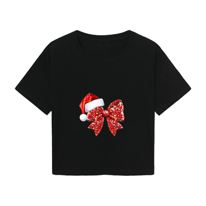 Sparkly Red Bow Santa Hat Festive Holiday Cropped T?Shirt