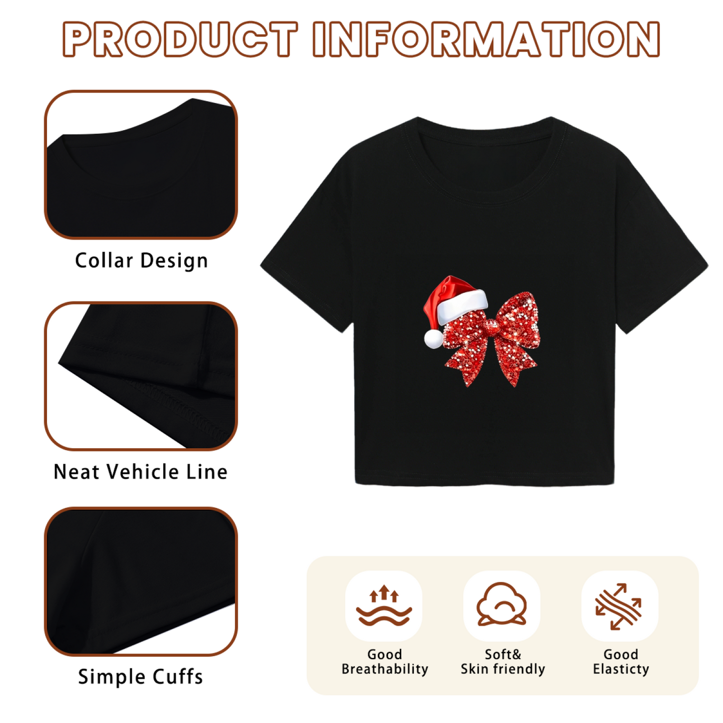 Sparkly Red Bow Santa Hat Festive Holiday Cropped T?Shirt