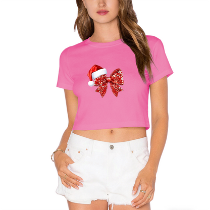 Sparkly Red Bow Santa Hat Festive Holiday Cropped T?Shirt