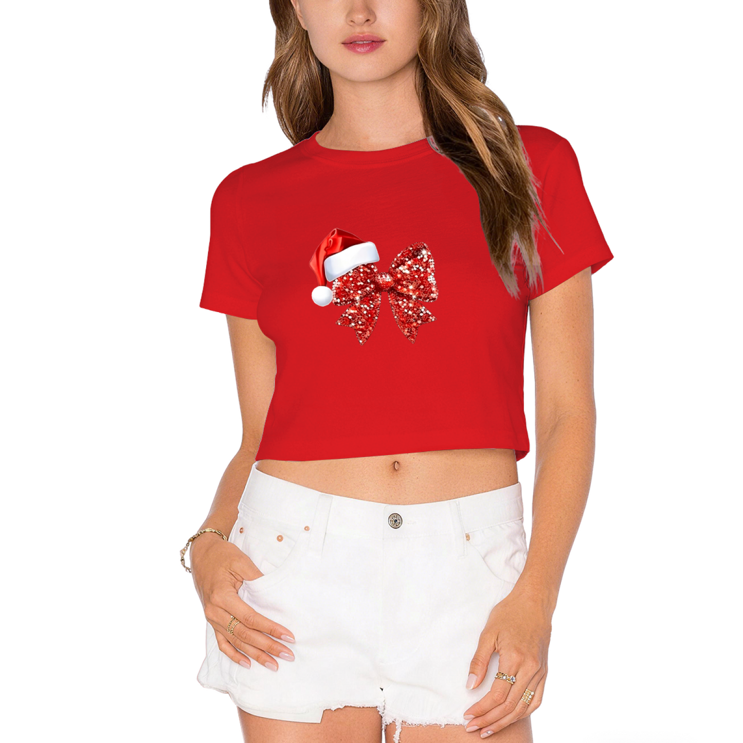 Sparkly Red Bow Santa Hat Festive Holiday Cropped T?Shirt