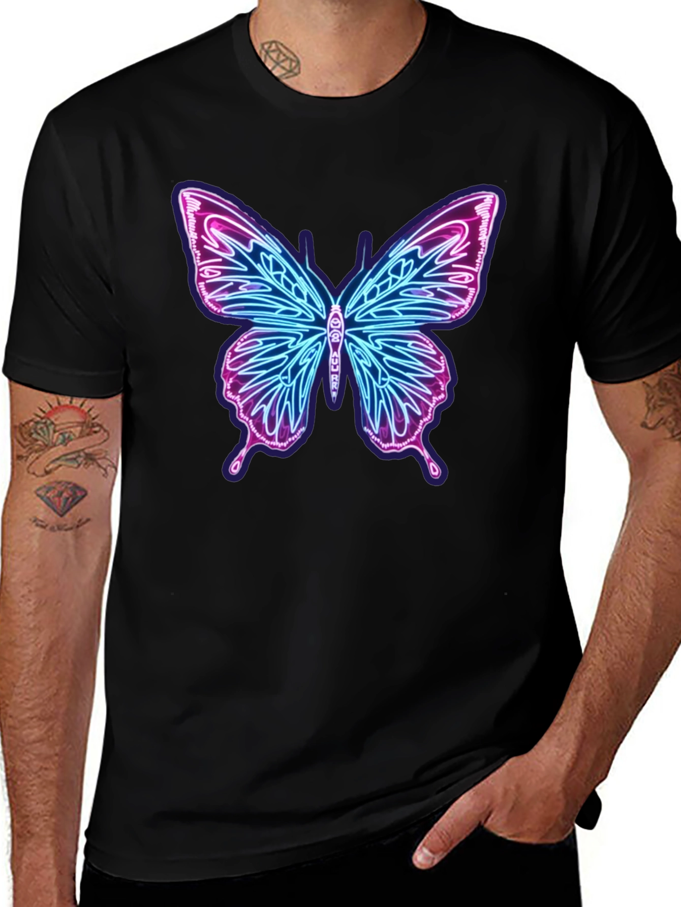 Neon Butterfly Graphic Black T-Shirt