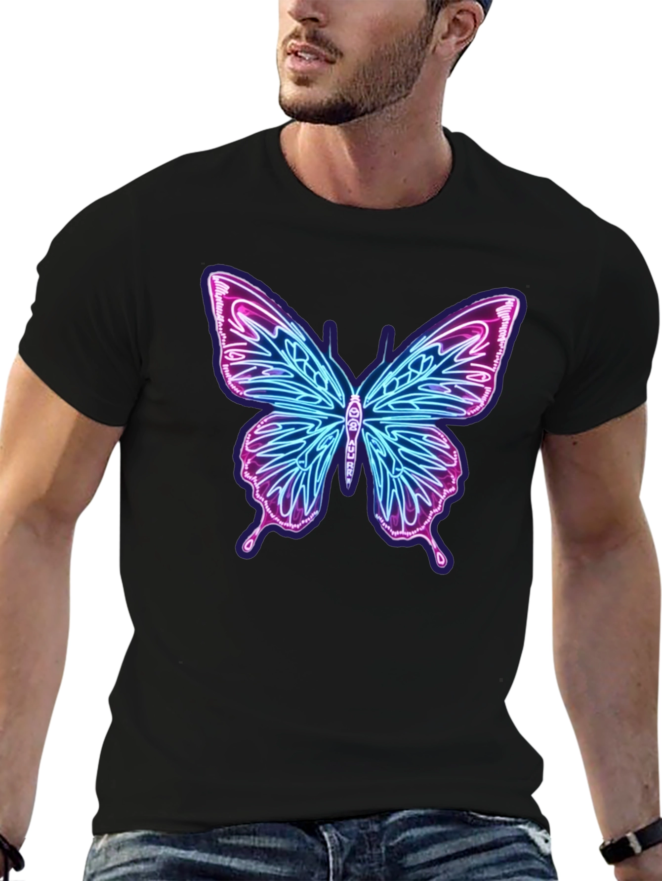 Neon Butterfly Graphic Black T-Shirt