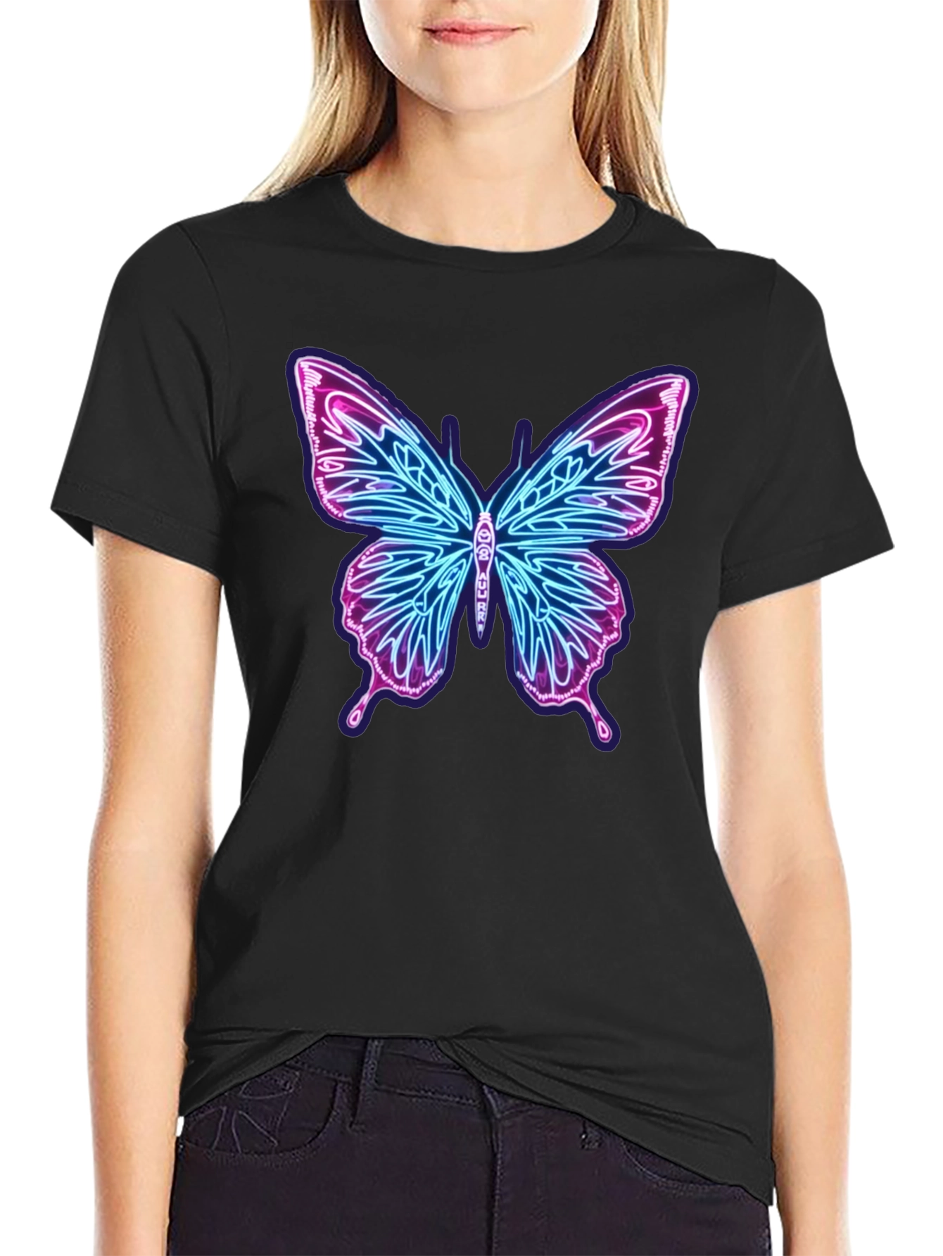 Neon Butterfly Graphic Black T-Shirt