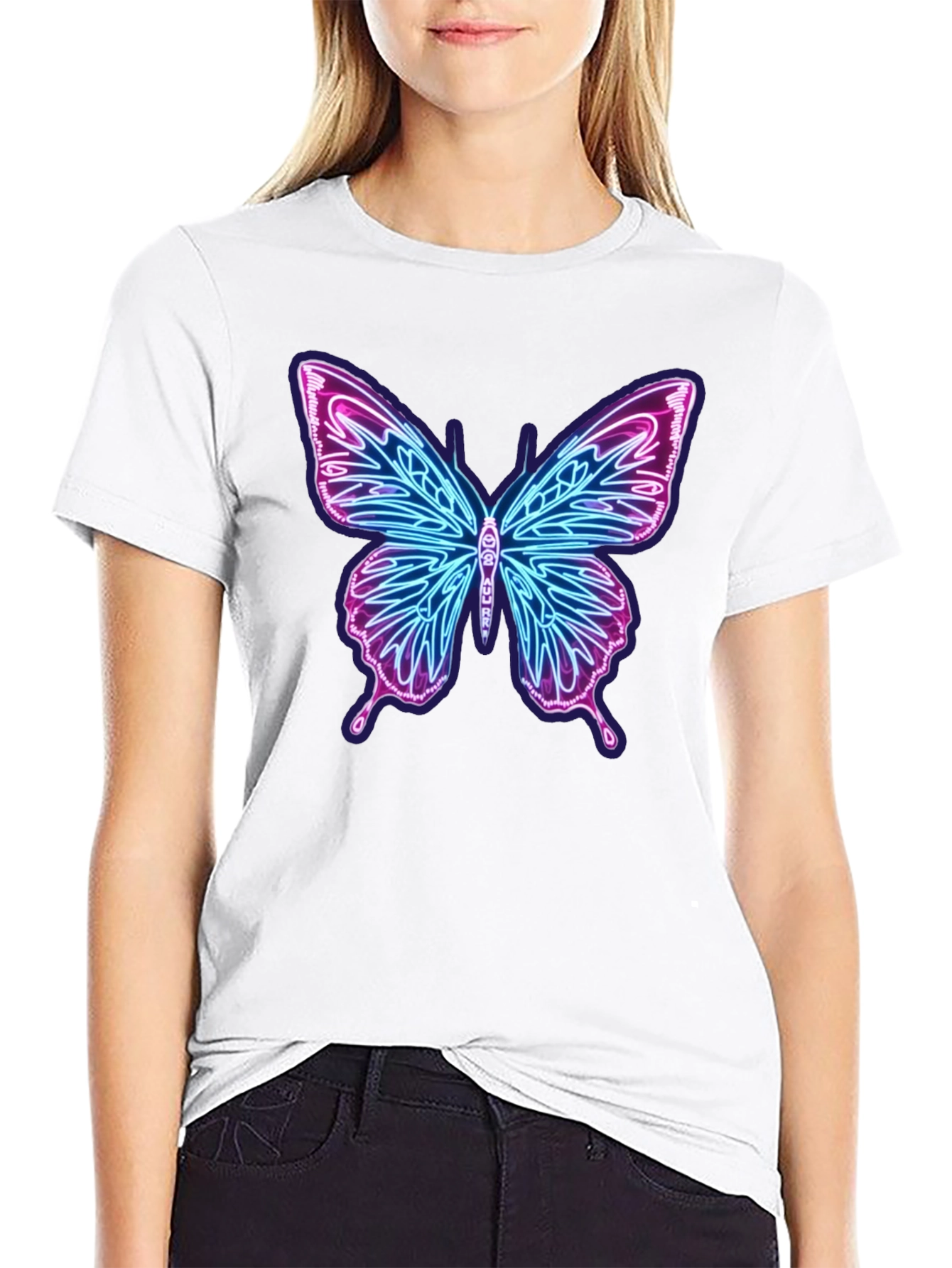 Neon Butterfly Graphic Black T-Shirt