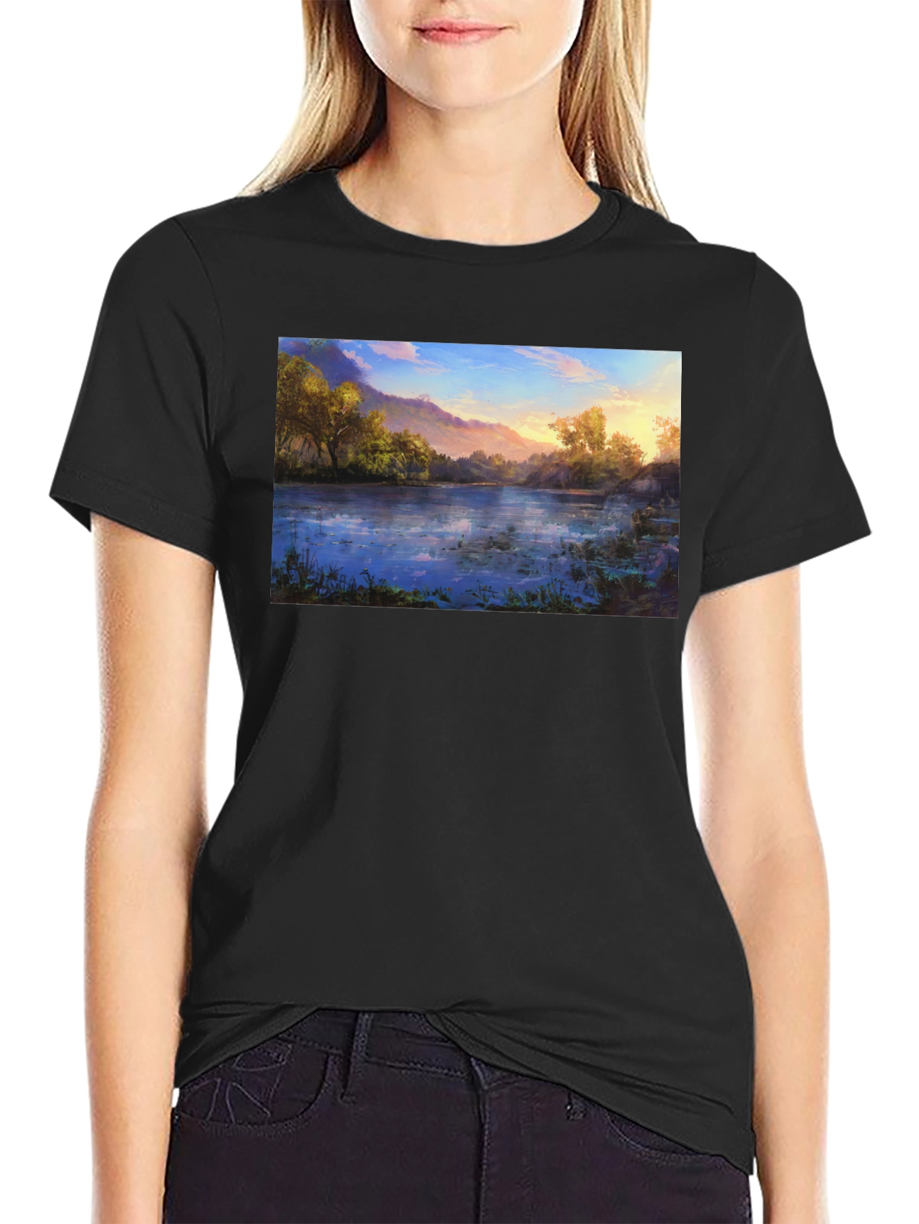 Nature Lake Print Black T-Shirt