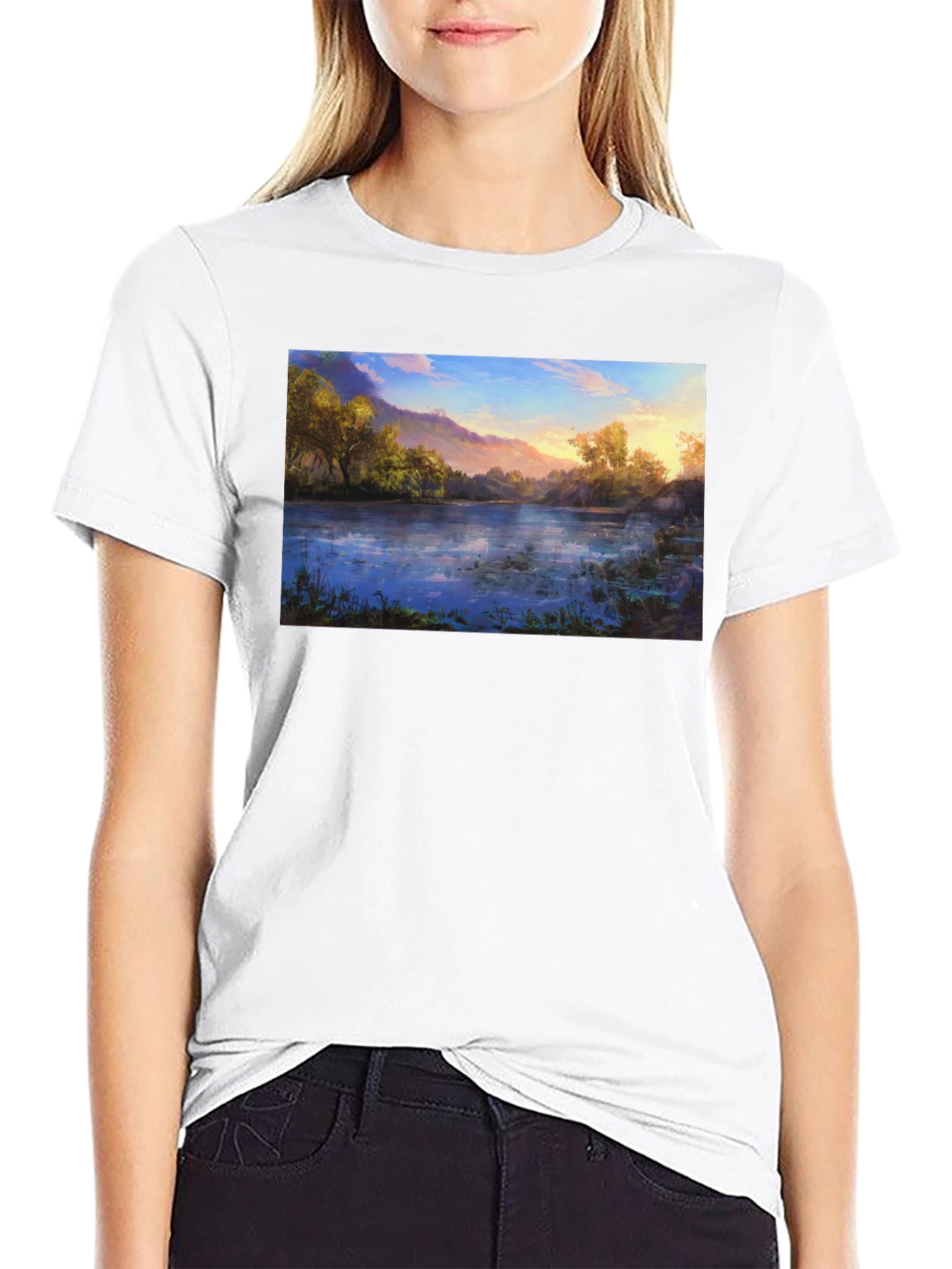 Nature Lake Print Black T-Shirt