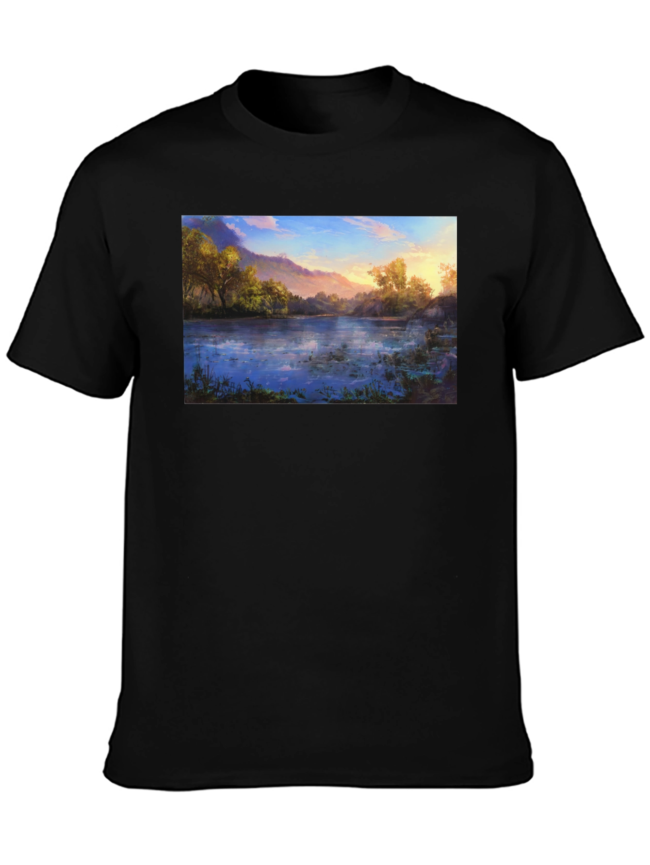 Nature Lake Print Black T-Shirt