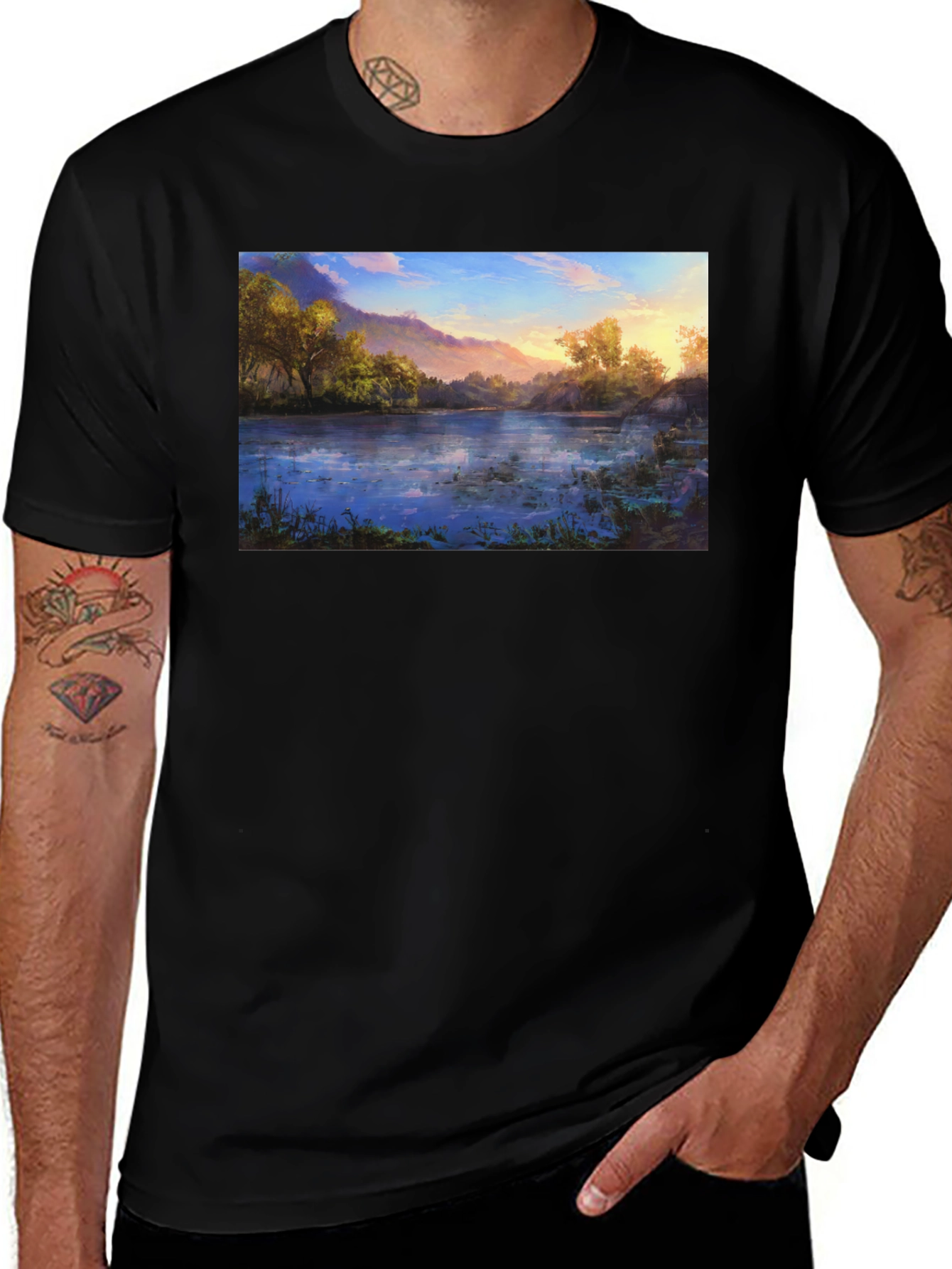 Nature Lake Print Black T-Shirt