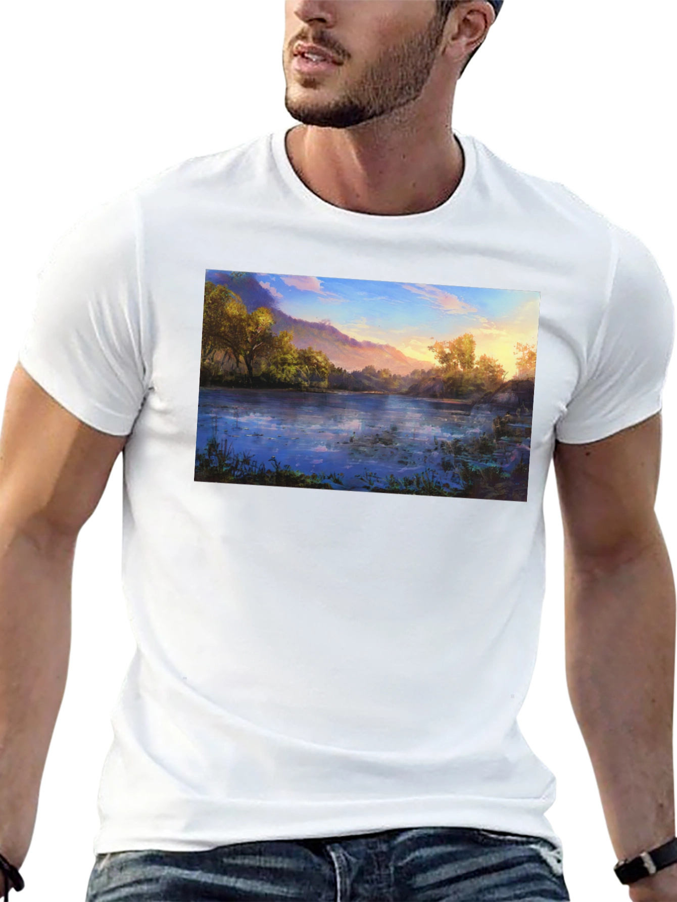 Nature Lake Print Black T-Shirt
