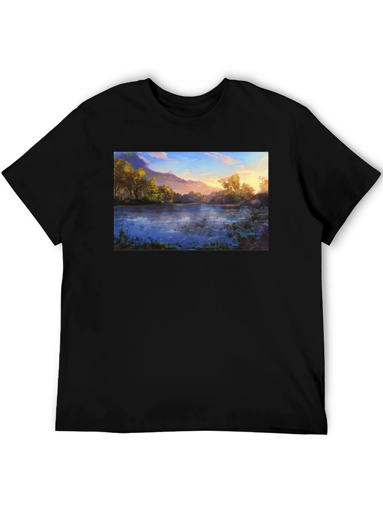 Nature Lake Print Black T-Shirt