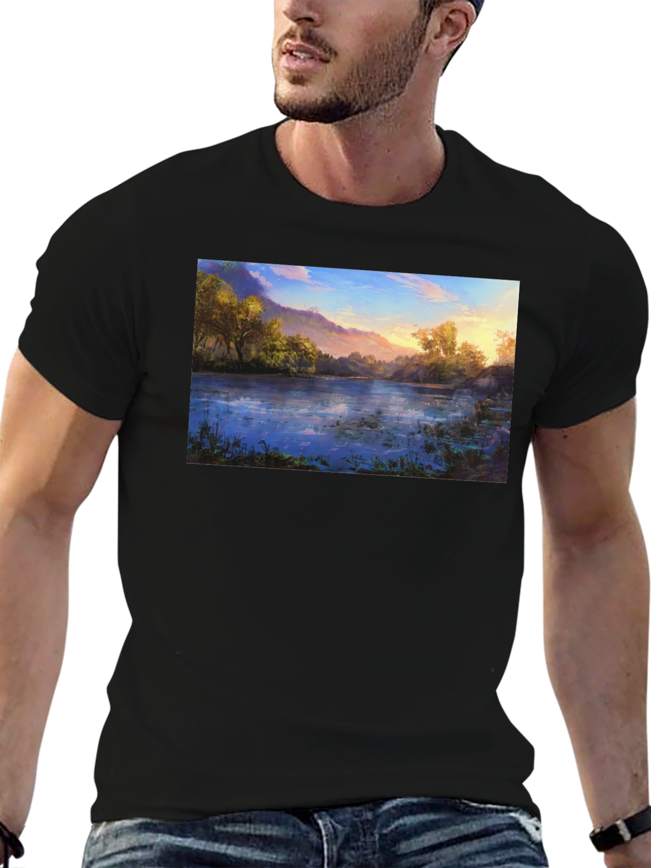 Nature Lake Print Black T-Shirt