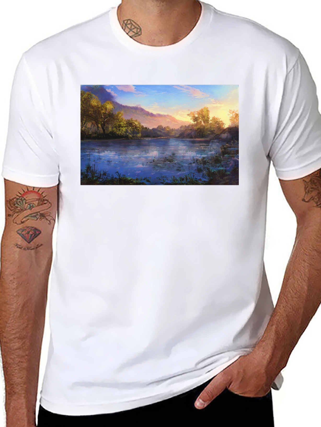 Nature Lake Print Black T-Shirt