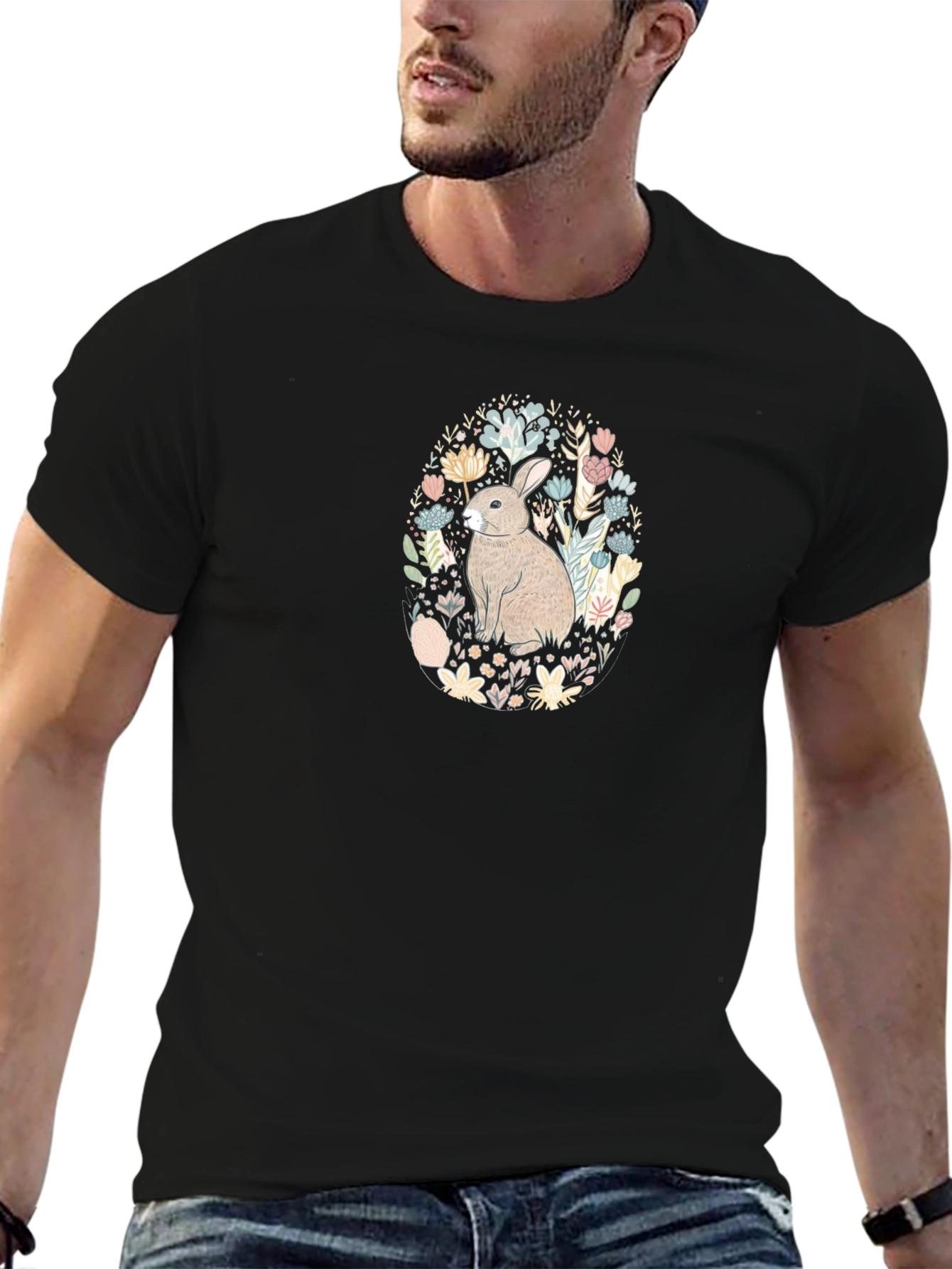 Bunny Floral Graphic Tee - Black T-Shirt