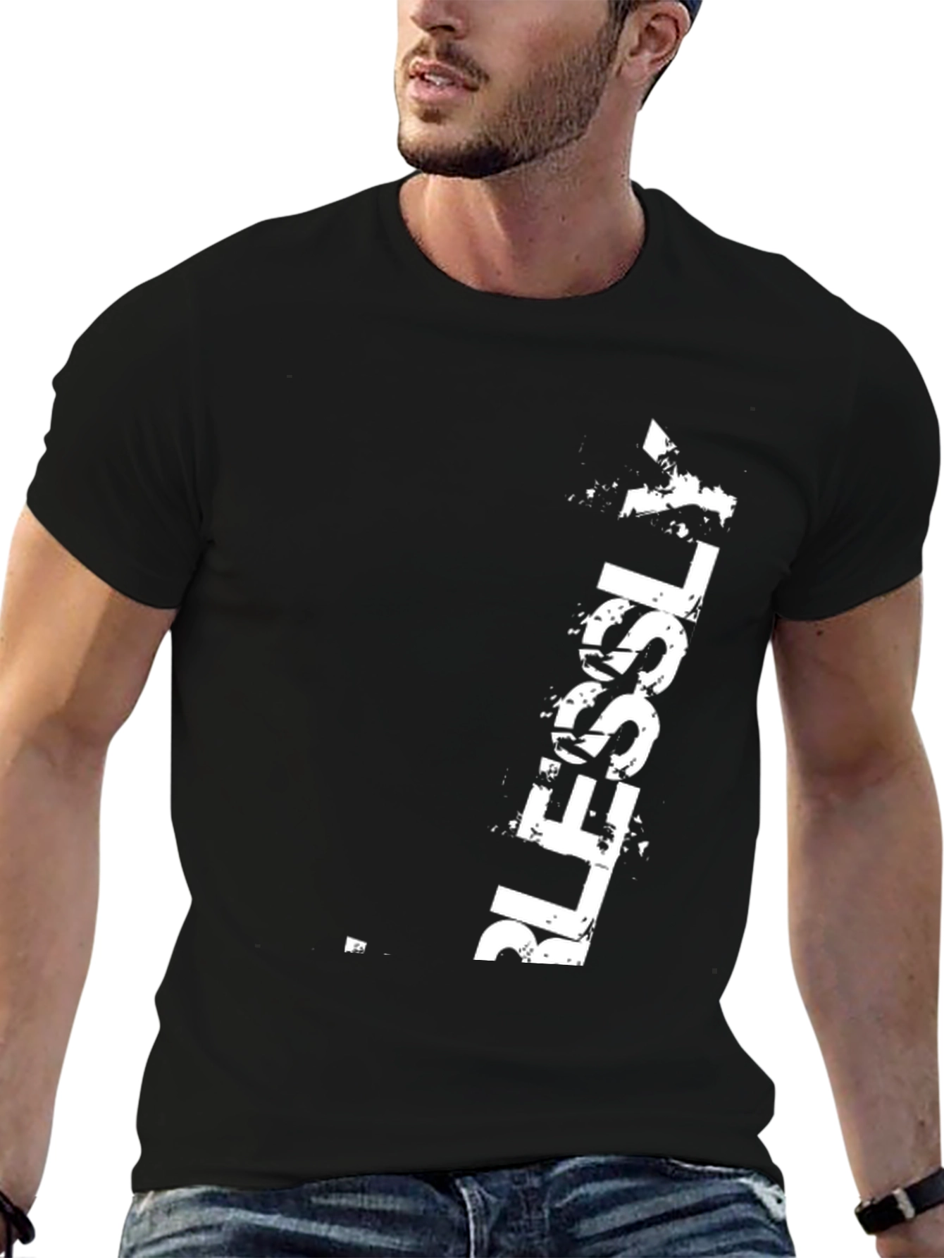 Mens Black T-Shirt with White BLESSLY Print