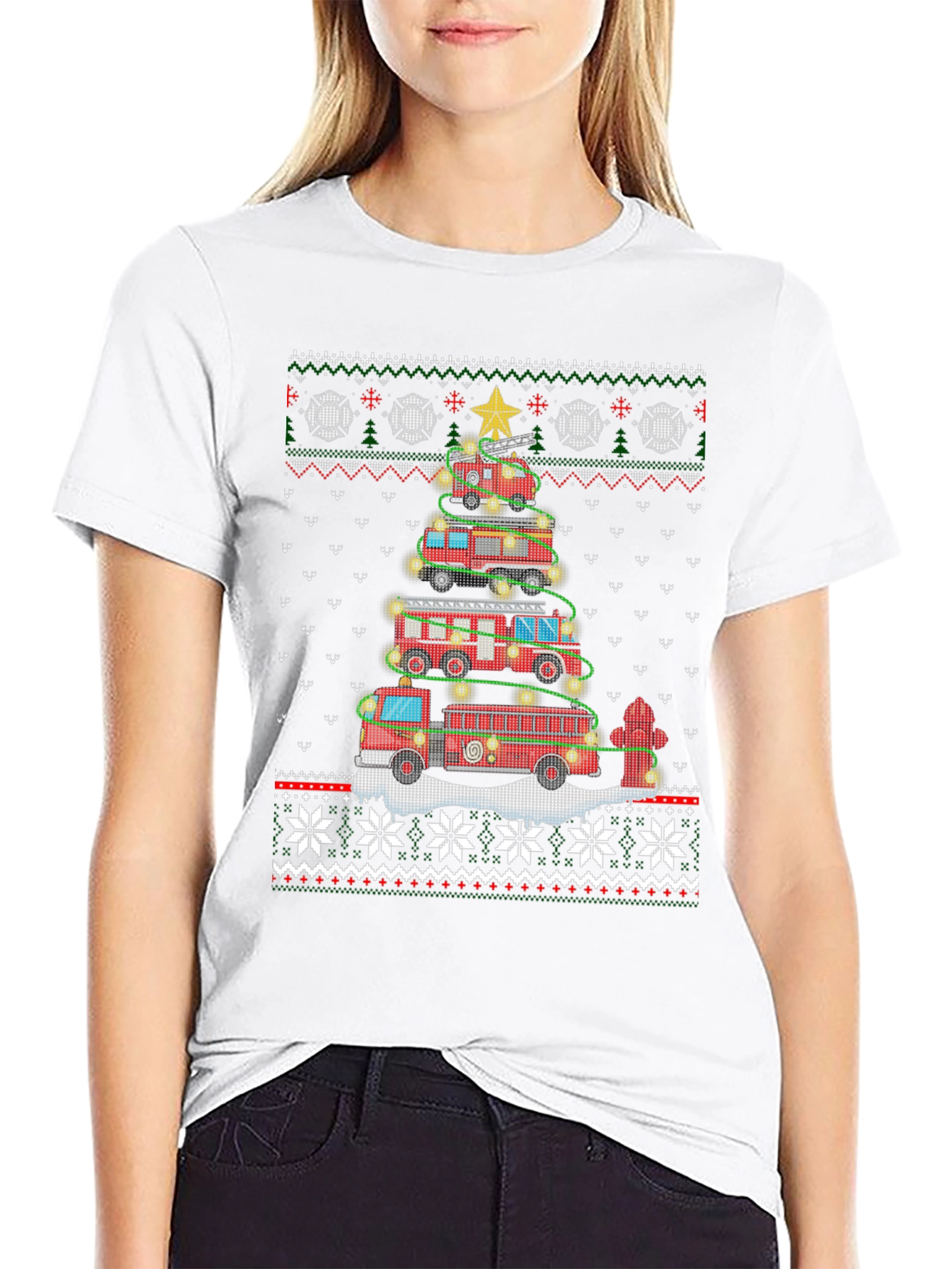 Fire Truck Christmas Tree Ugly Sweater T-Shirt