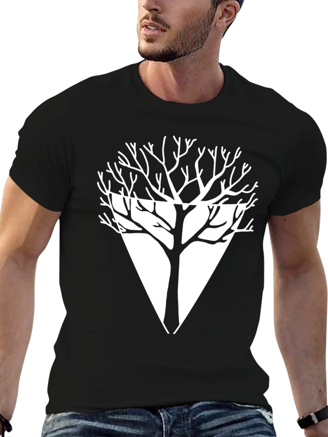 Geometric Tree Graphic Tee - Modern Black T-Shirt