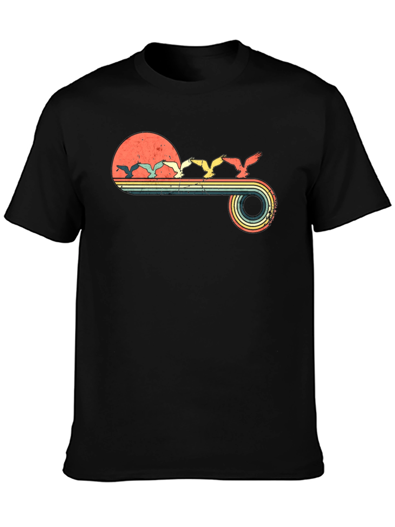 Retro Sunset Birds Graphic Tee - Black