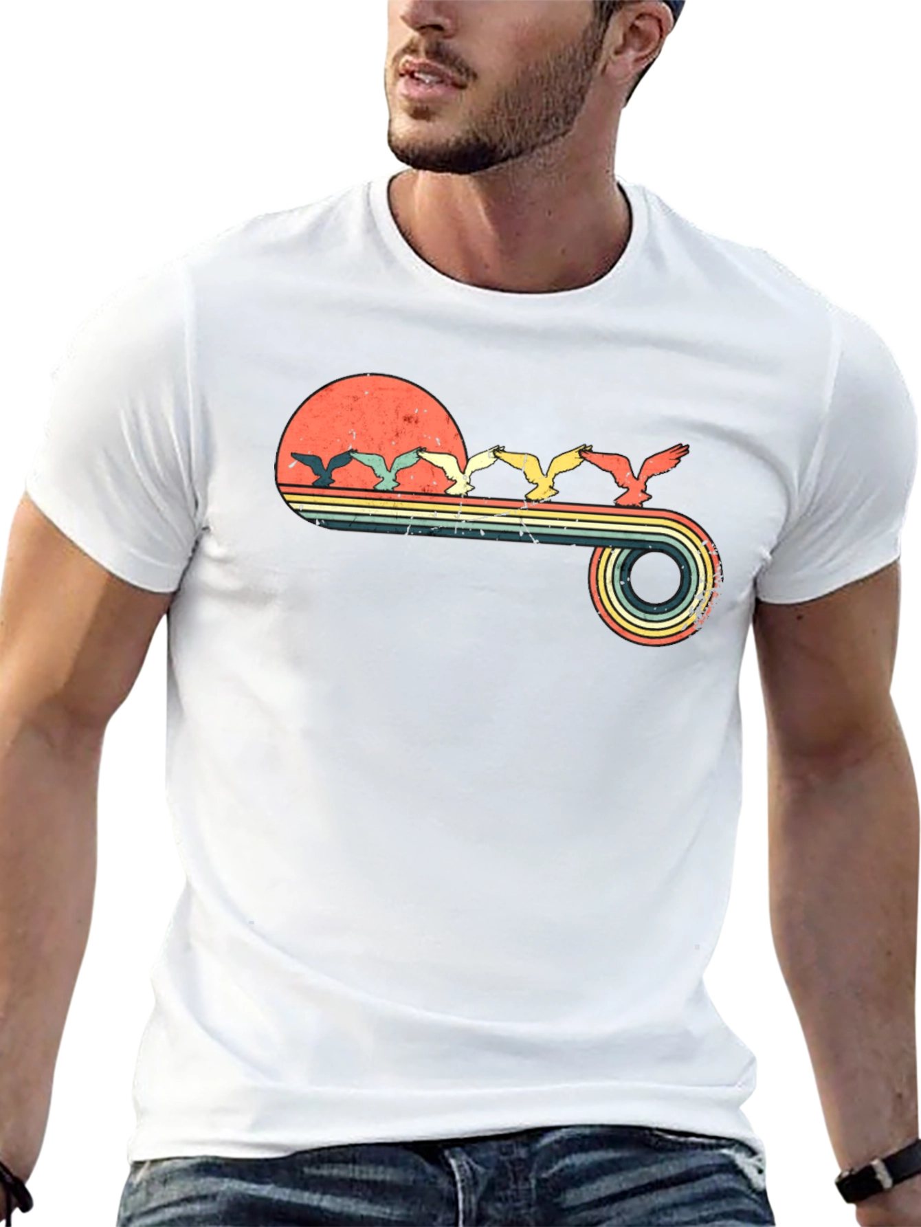 Retro Sunset Birds Graphic Tee - Black