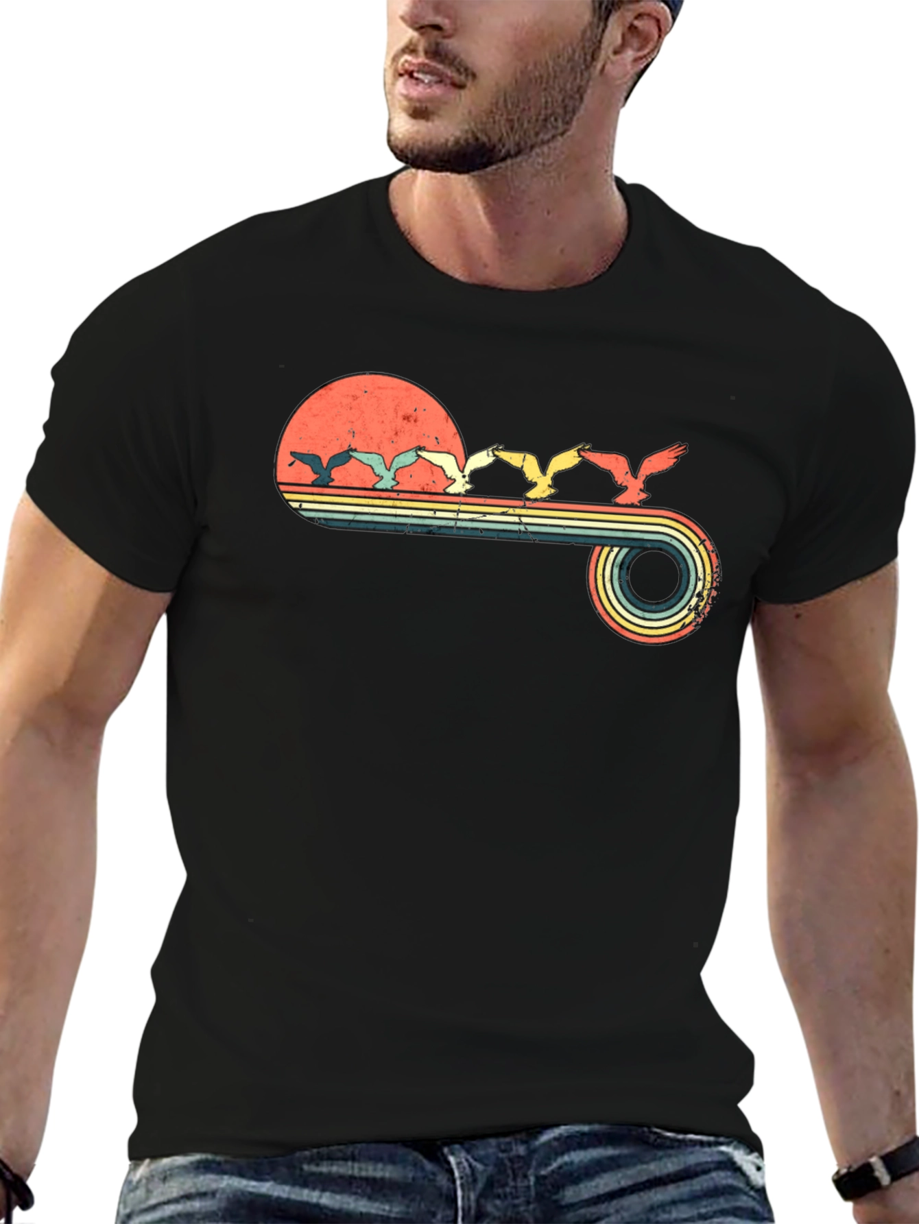 Retro Sunset Birds Graphic Tee - Black