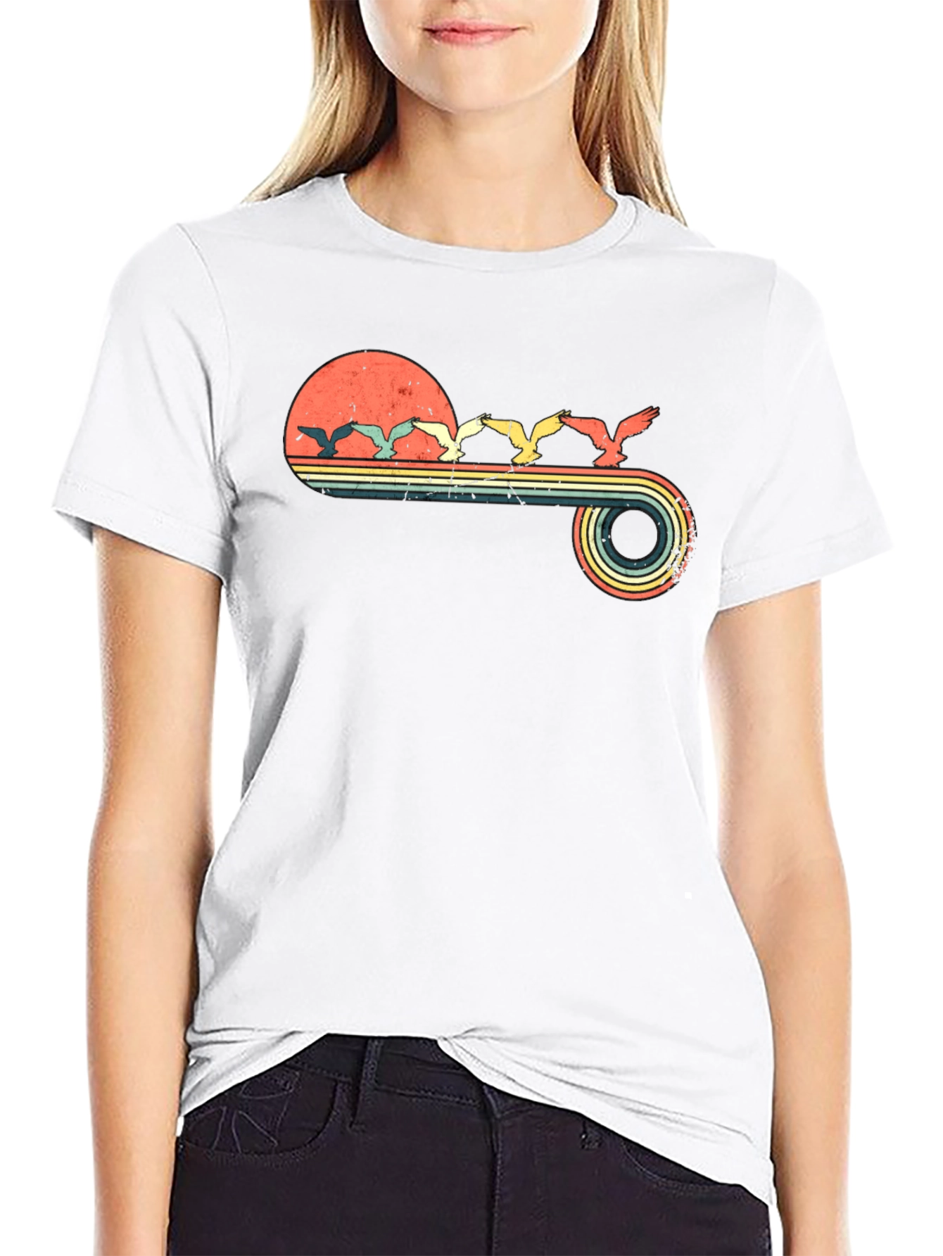 Retro Sunset Birds Graphic Tee - Black