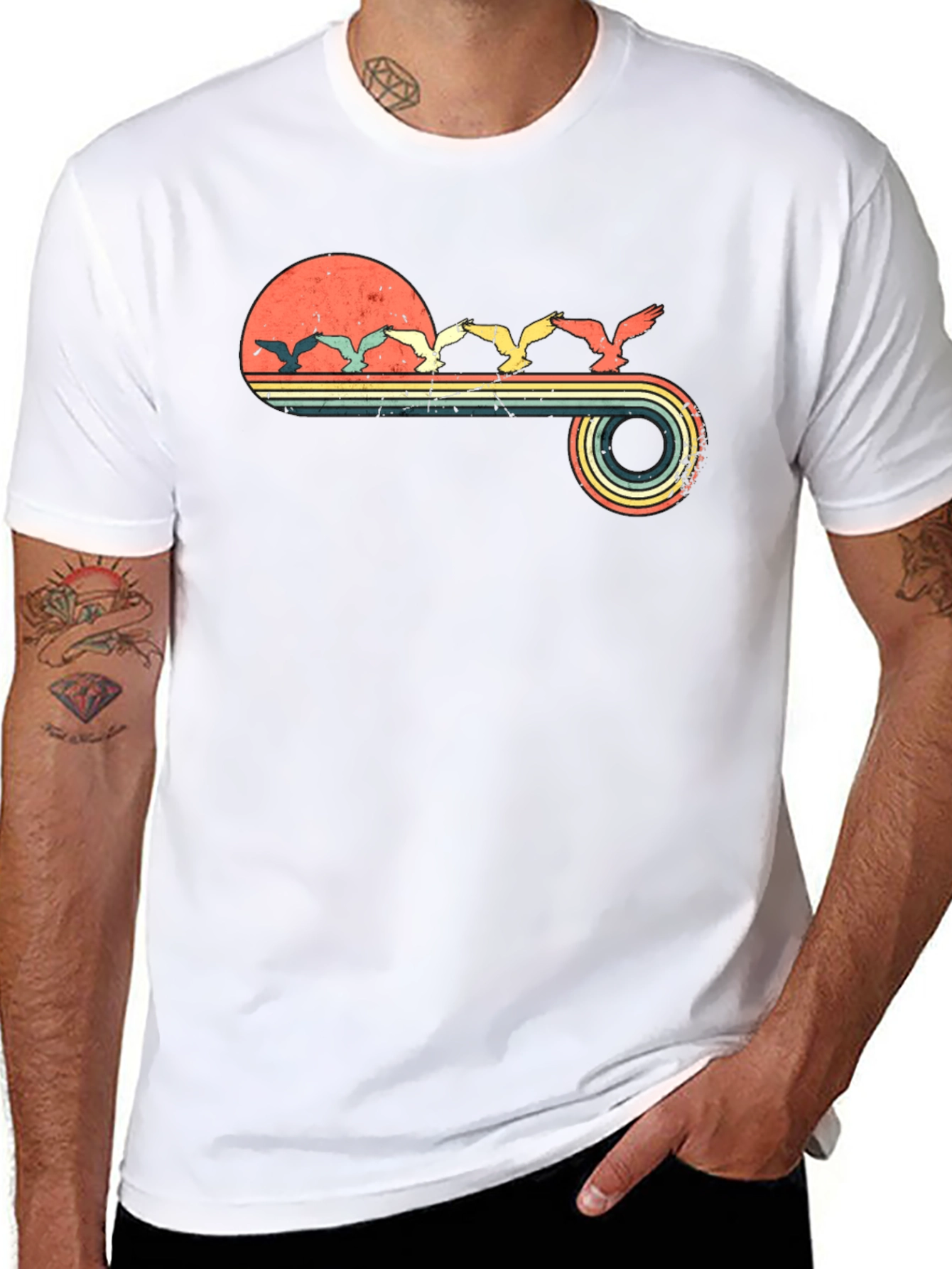 Retro Sunset Birds Graphic Tee - Black