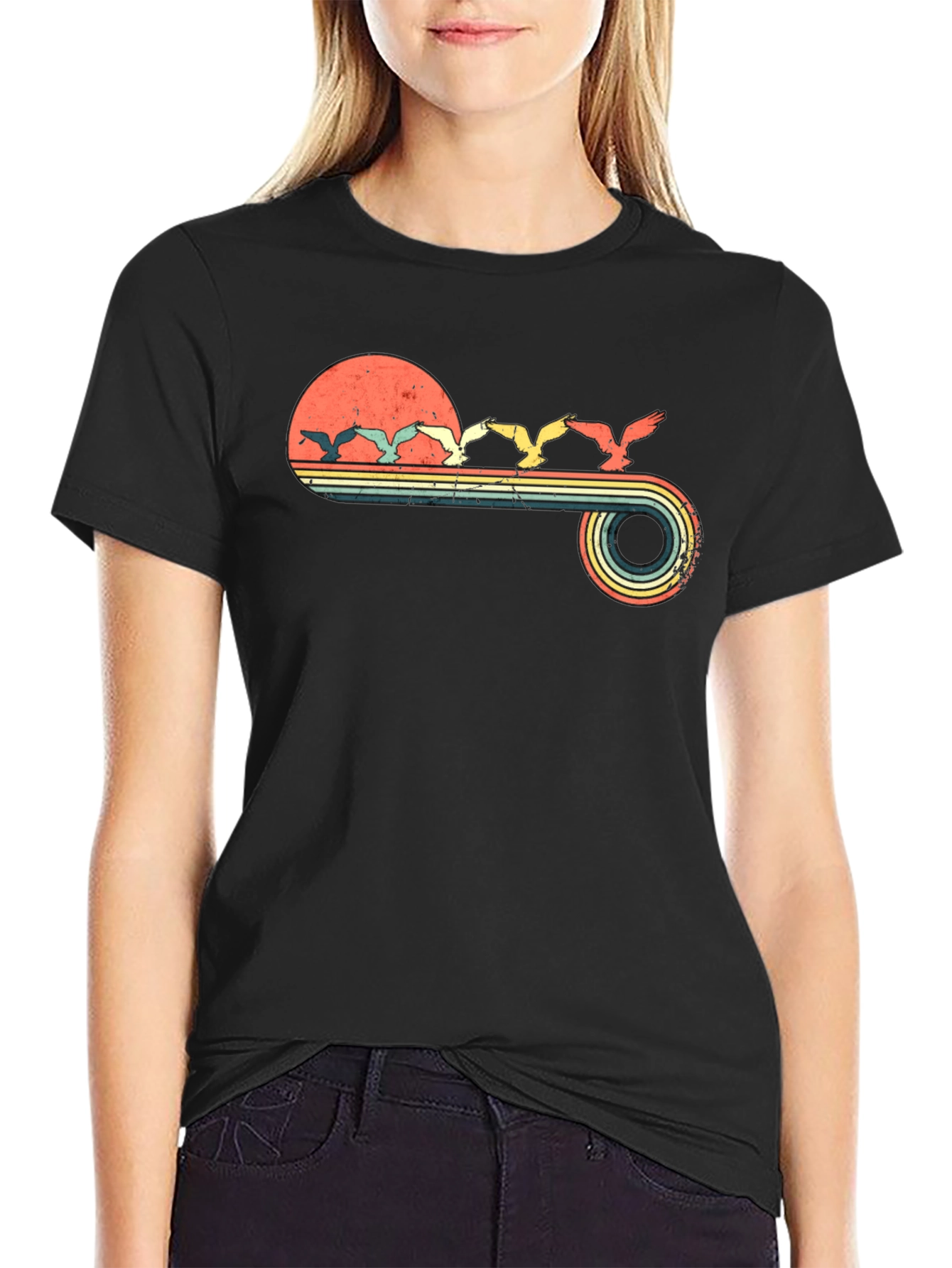 Retro Sunset Birds Graphic Tee - Black