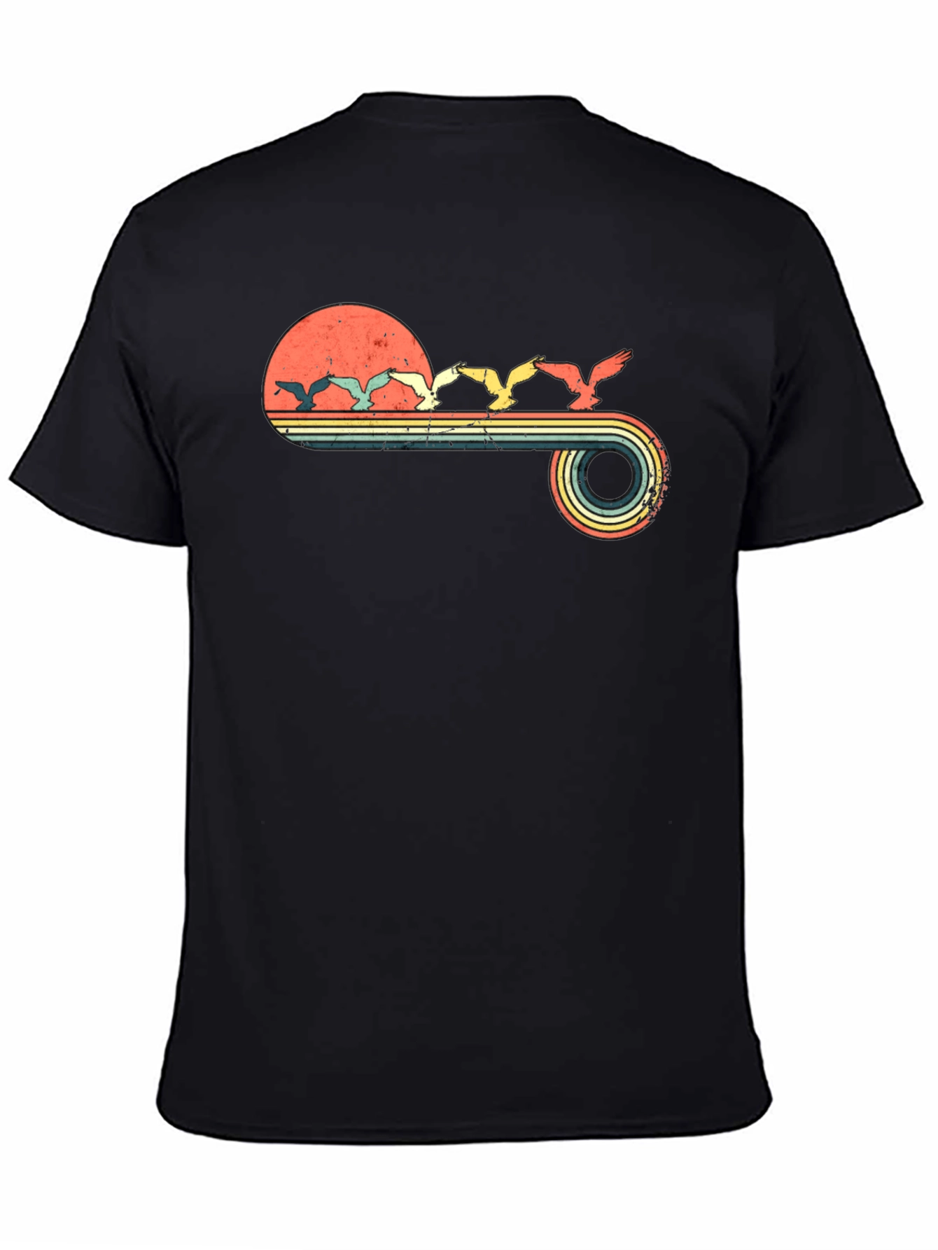Retro Sunset Birds Graphic Tee - Black