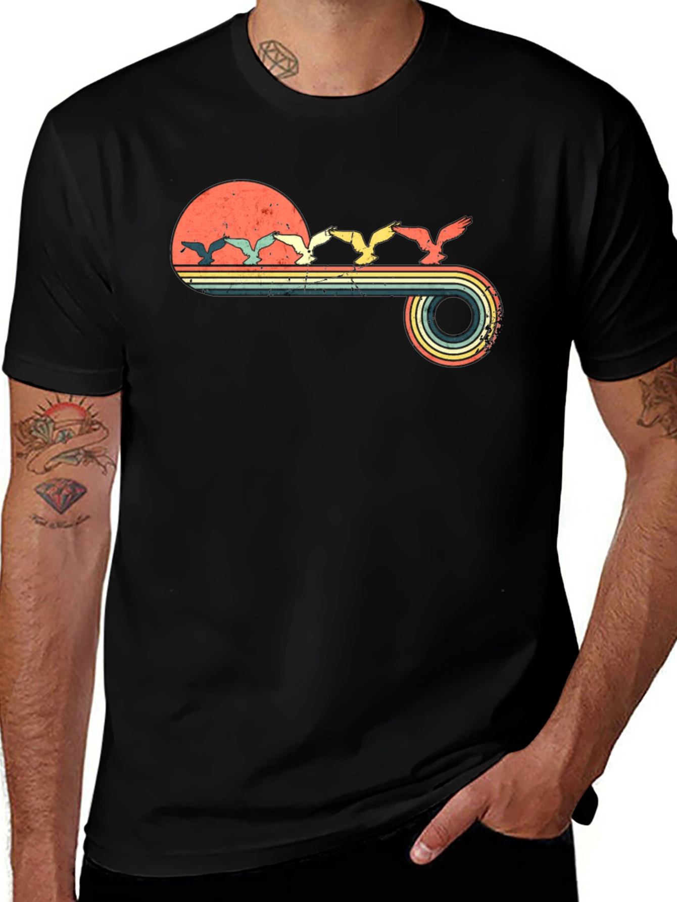 Retro Sunset Birds Graphic Tee - Black