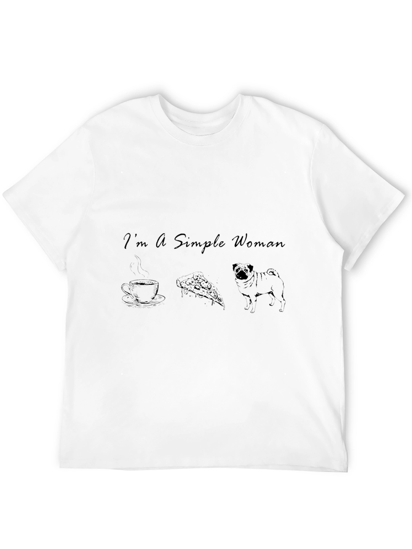Simple Woman Coffee Pizza Pug Black T-Shirt