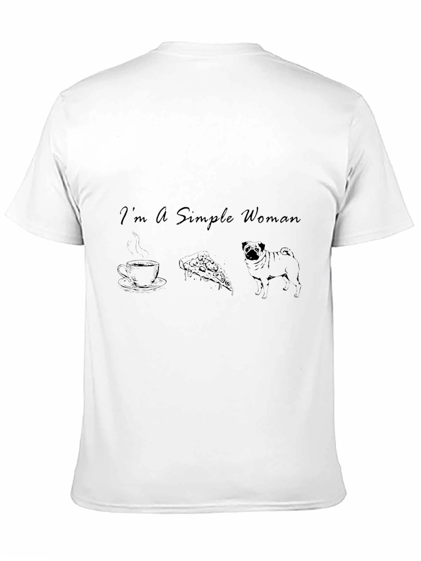 Simple Woman Coffee Pizza Pug Black T-Shirt