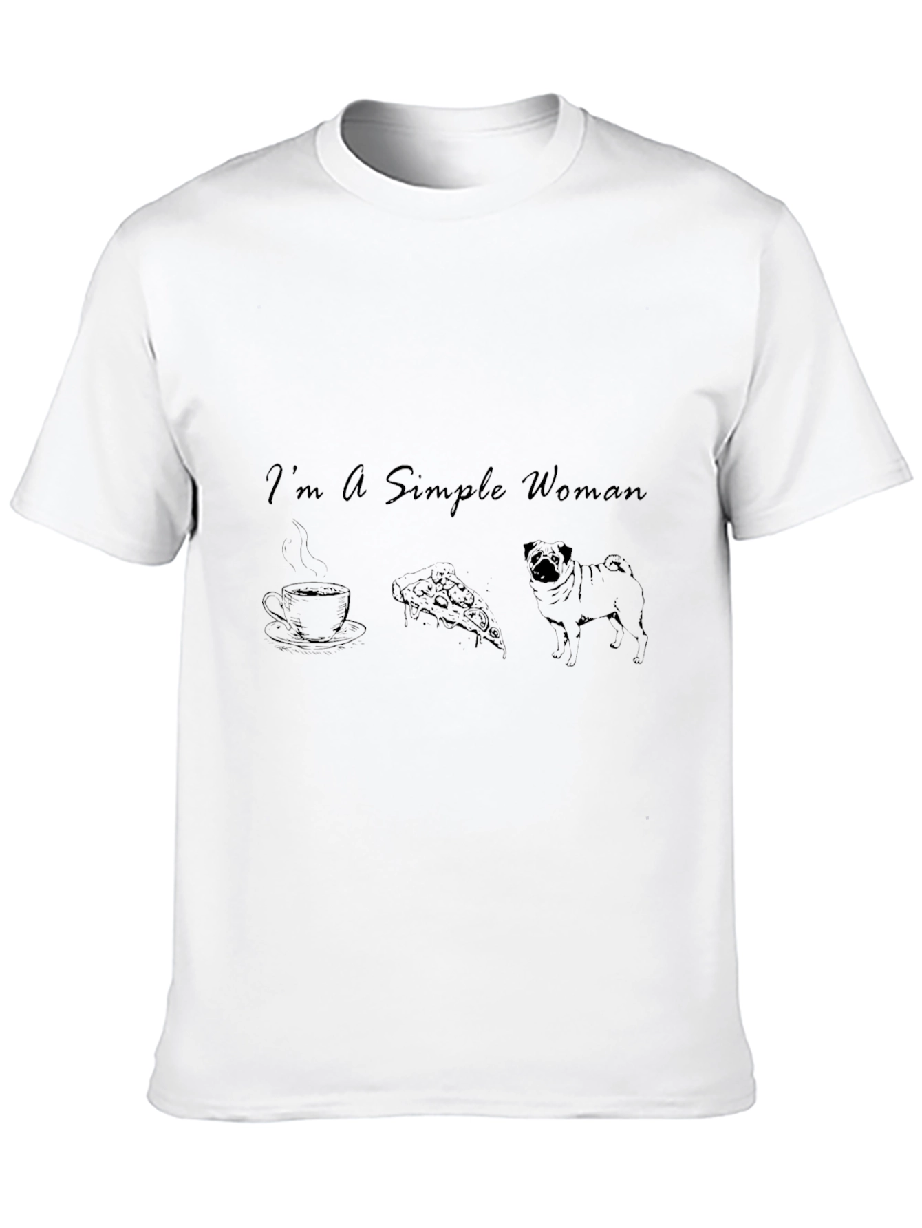 Simple Woman Coffee Pizza Pug Black T-Shirt