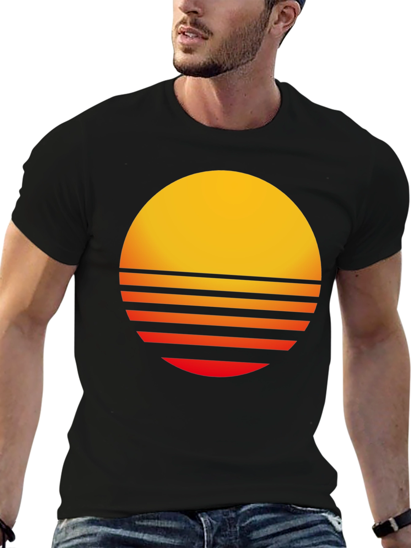 Retro Sunset Graphic Tee - Black Casual T-Shirt