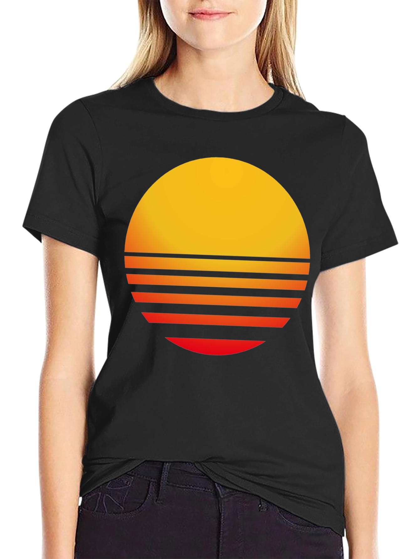 Retro Sunset Graphic Tee - Black Casual T-Shirt