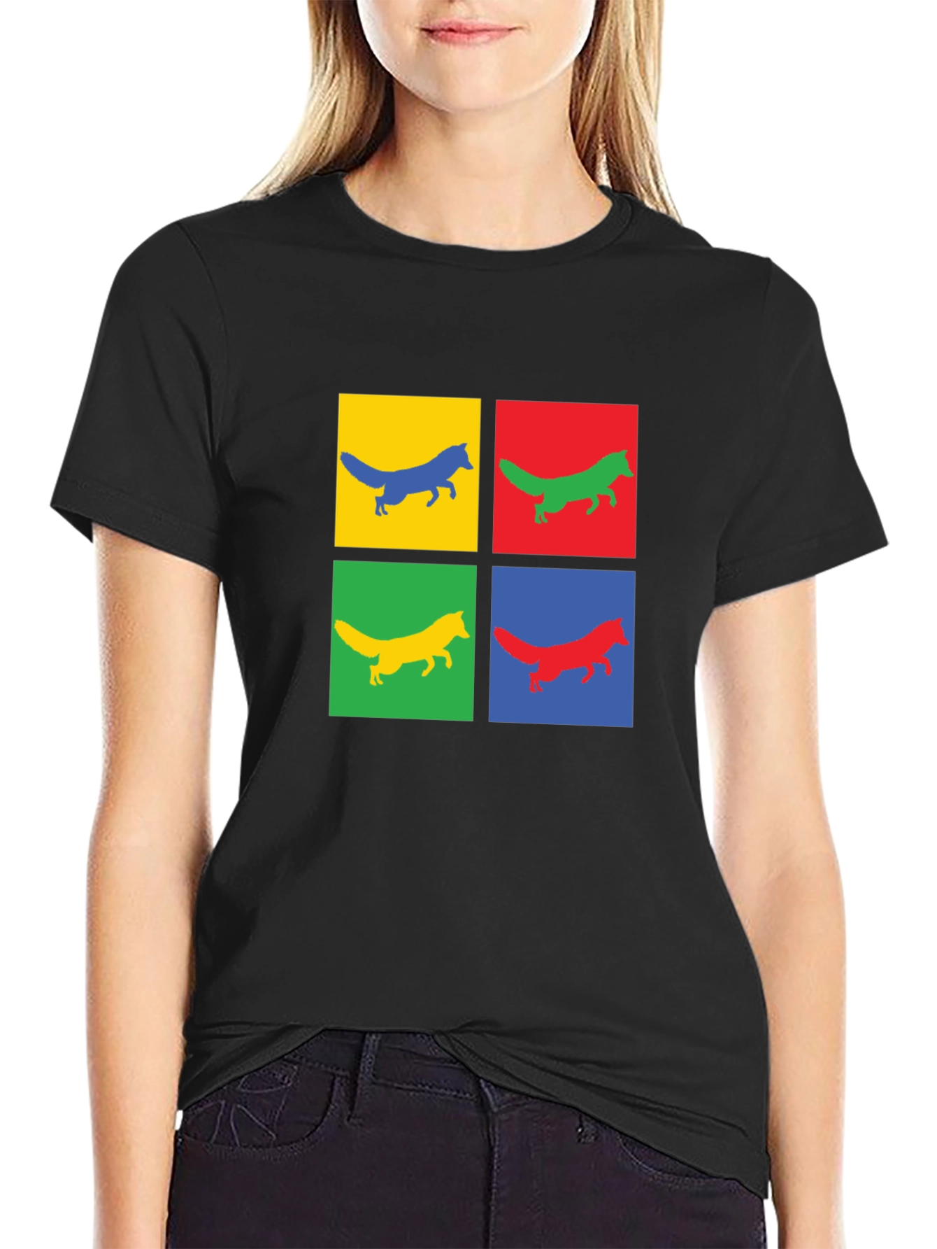 Pop Art Fox Graphic Tee - Black Cotton T-Shirt
