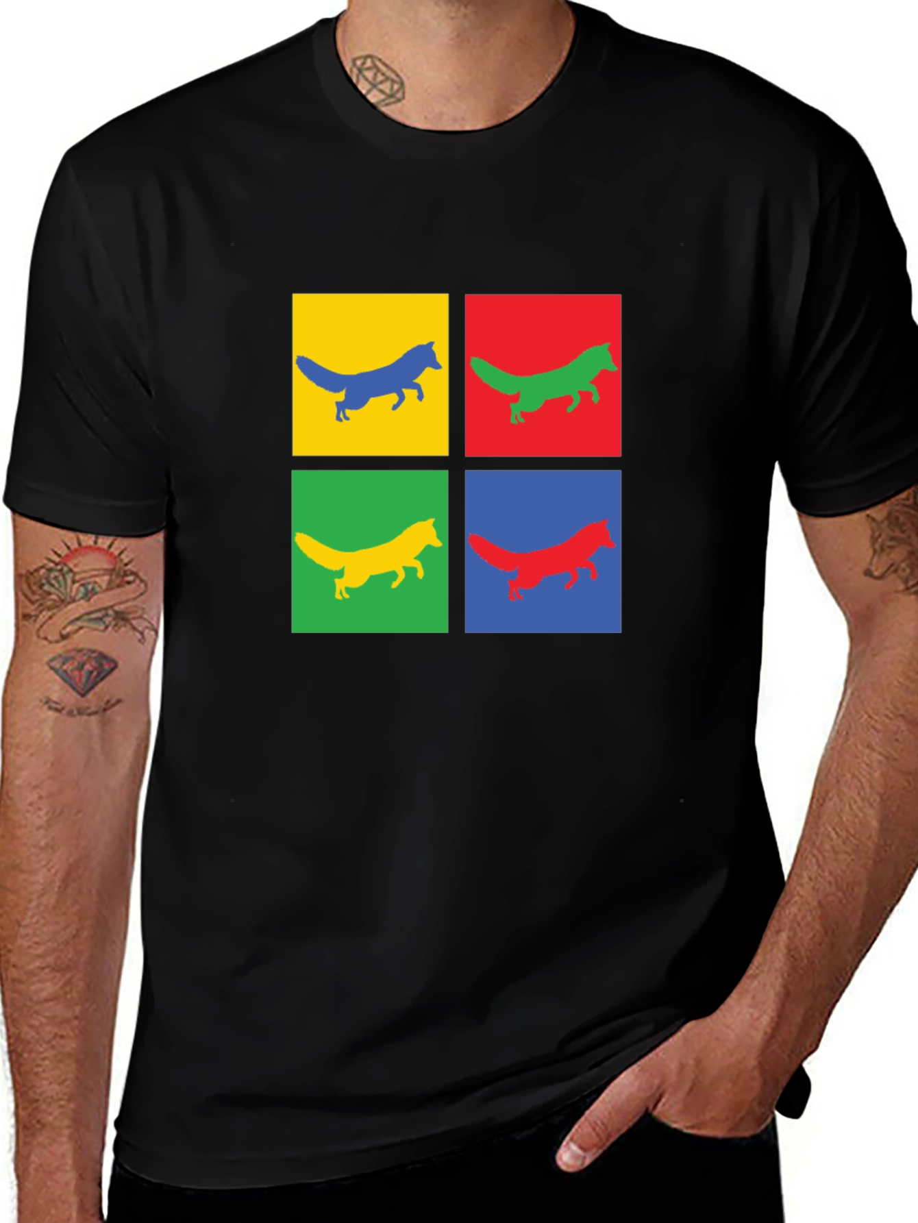 Pop Art Fox Graphic Tee - Black Cotton T-Shirt