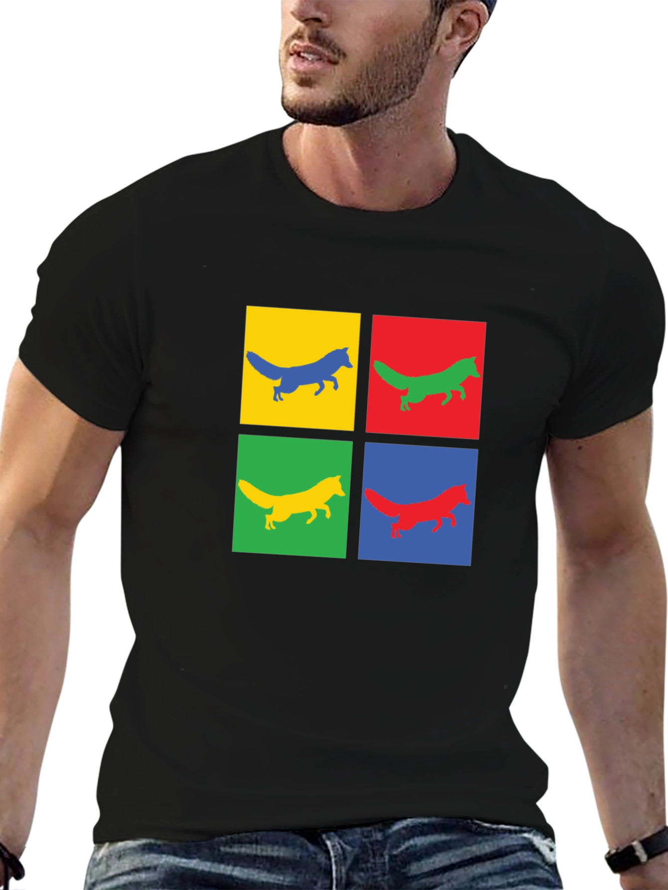 Pop Art Fox Graphic Tee - Black Cotton T-Shirt