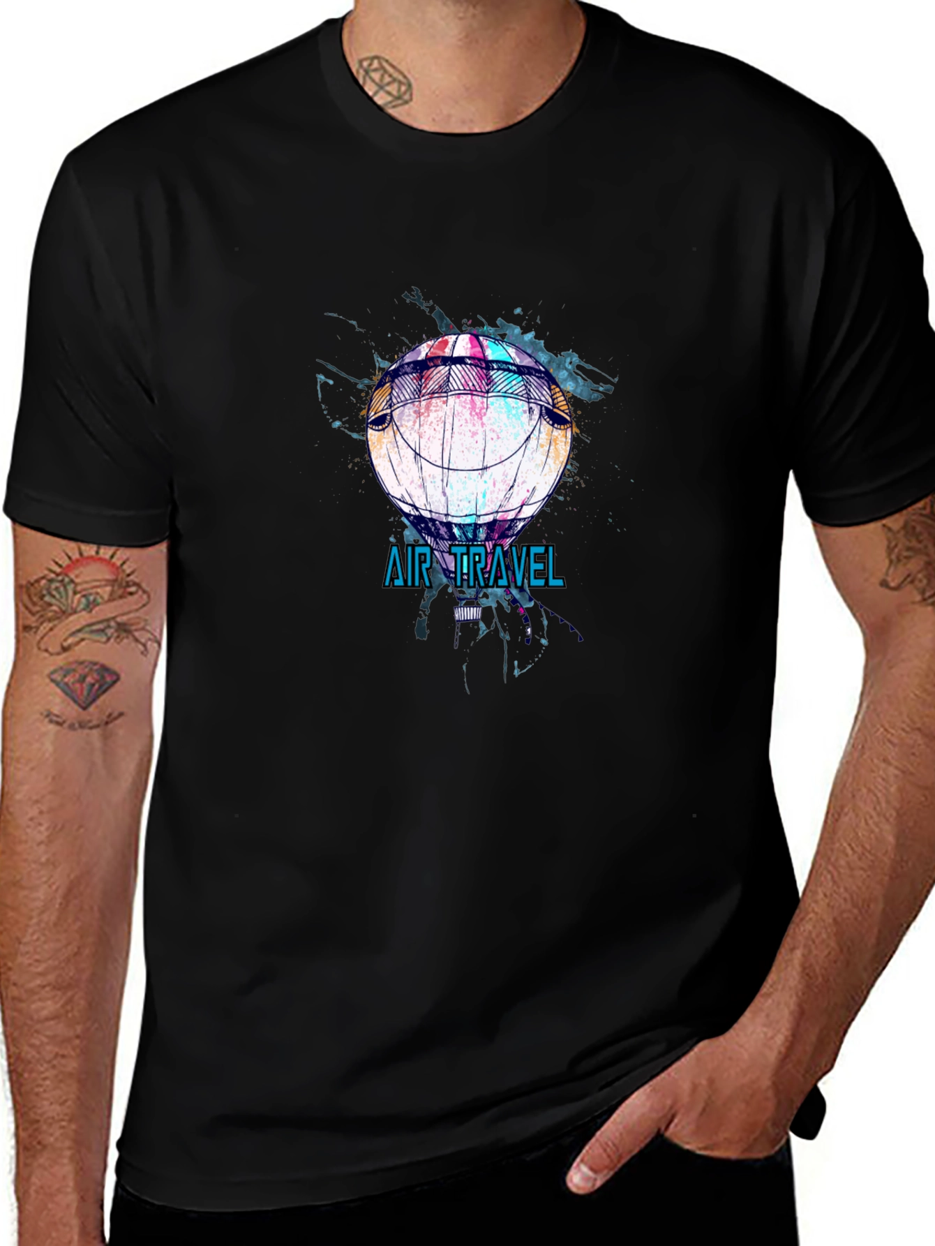 Air Travel Hot Air Balloon Graphic Tee - Black