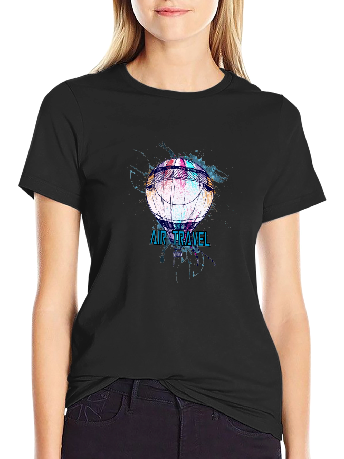 Air Travel Hot Air Balloon Graphic Tee - Black