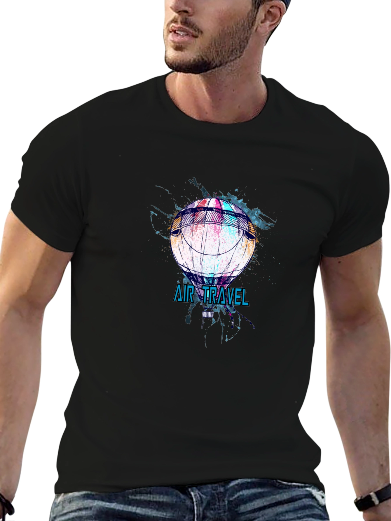 Air Travel Hot Air Balloon Graphic Tee - Black