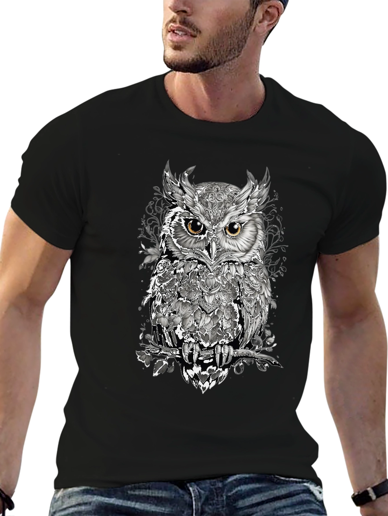Artistic Owl Graphic T-Shirt - Mens Black Tee